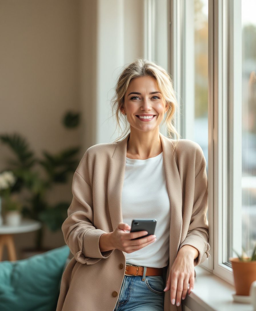 Frau mit Smartphone, entspannt und selbstbewusst